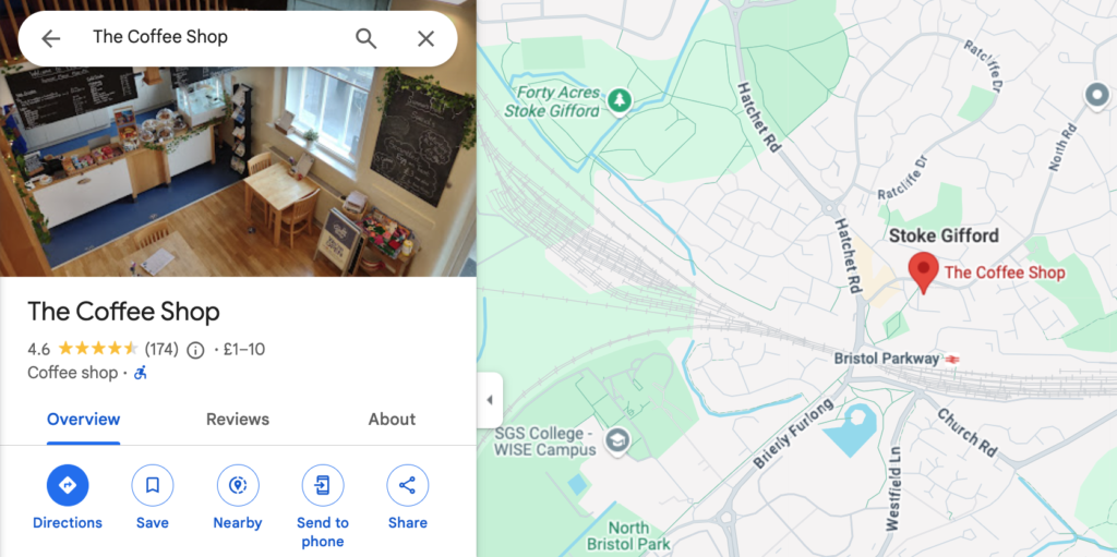 Screenshot of Google Maps showing The Coffee Shop in Stoke Gifford with reviews.