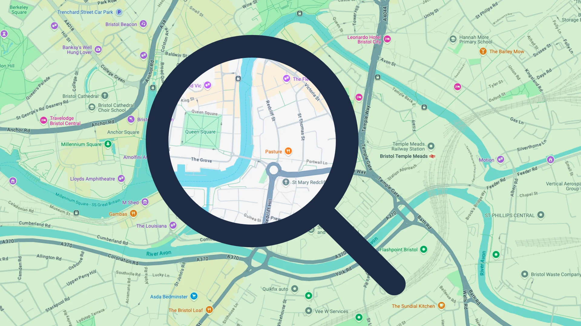 Google map of Bristol with search icon overlayed
